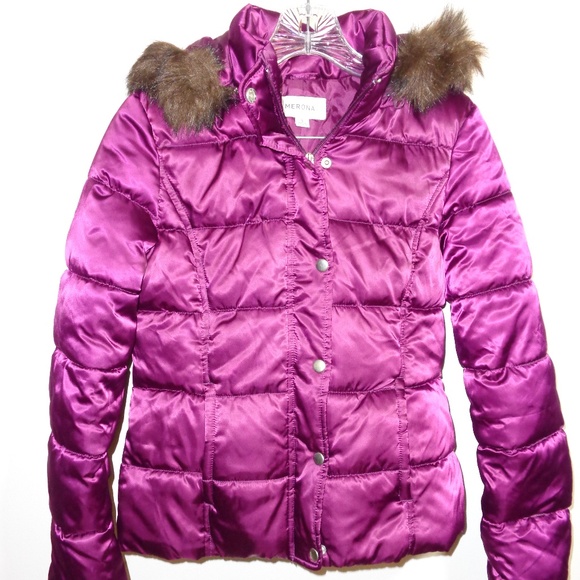 burgundy puffer jacket with fur hood